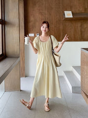 Elegant Puff Sleeve Waist Dress In Light Yellow
