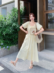 Elegant Puff Sleeve Waist Dress In Light Yellow