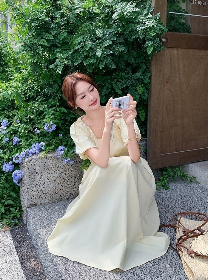 Elegant Puff Sleeve Waist Dress In Light Yellow