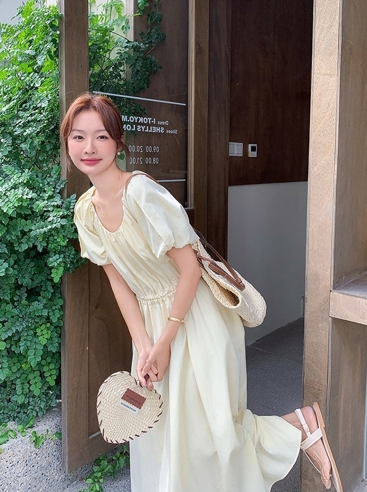 Elegant Puff Sleeve Waist Dress In Light Yellow