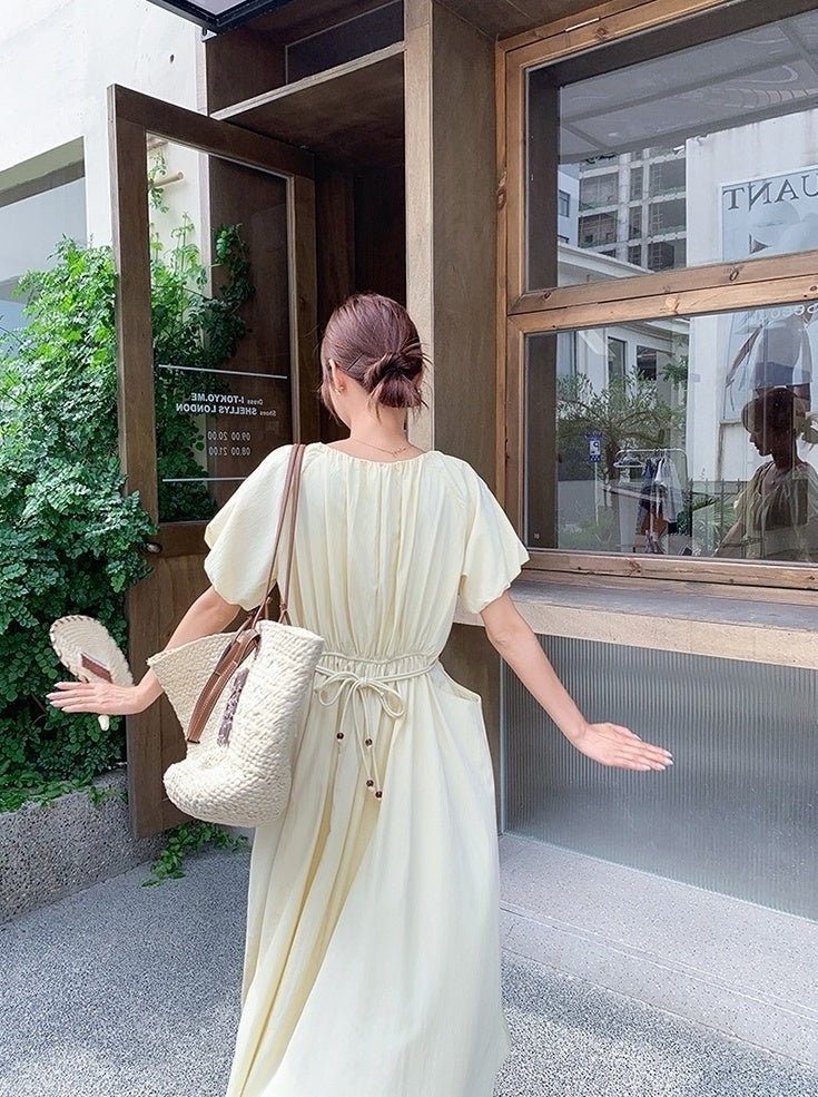 Elegant Puff Sleeve Waist Dress In Light Yellow