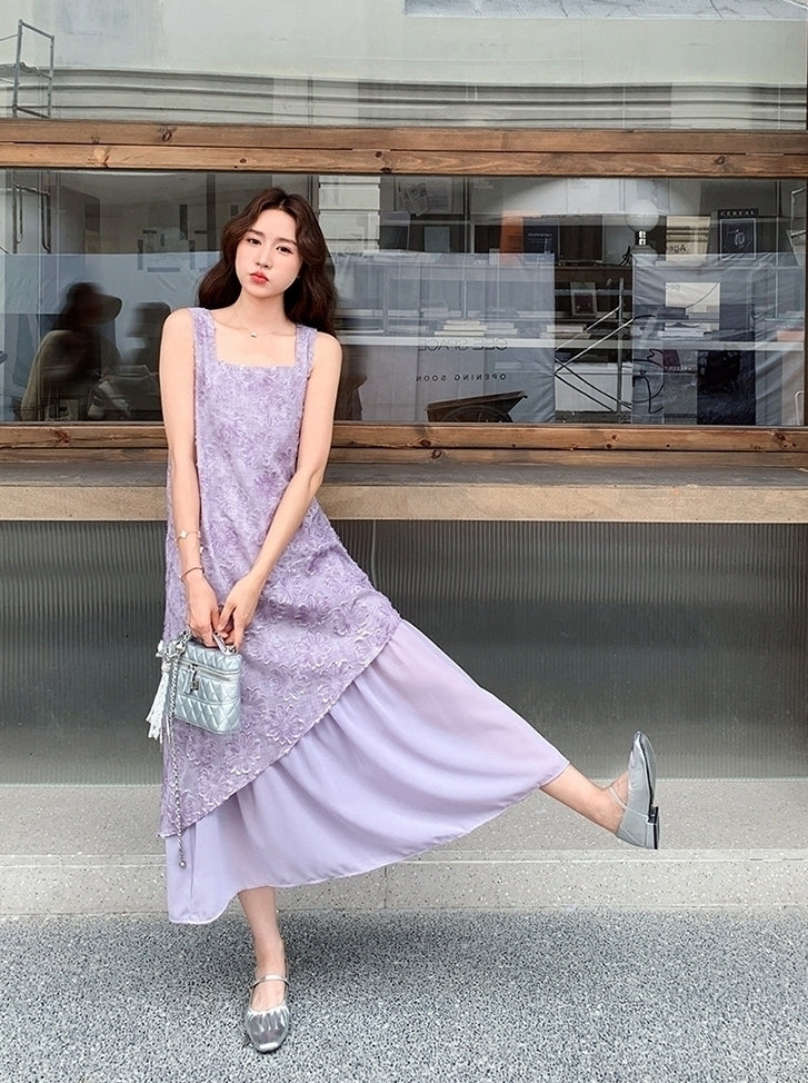 Elegant Purple Jacquard Layered Patchwork Maxi Dress