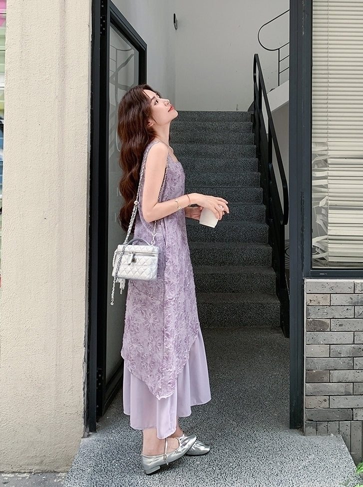 Elegant Purple Jacquard Layered Patchwork Maxi Dress