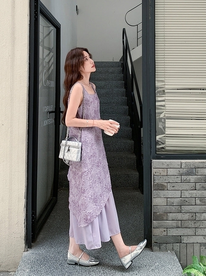 Elegant Purple Jacquard Layered Patchwork Maxi Dress