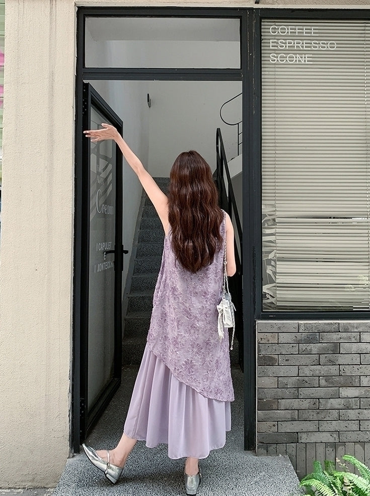Elegant Purple Jacquard Layered Patchwork Maxi Dress