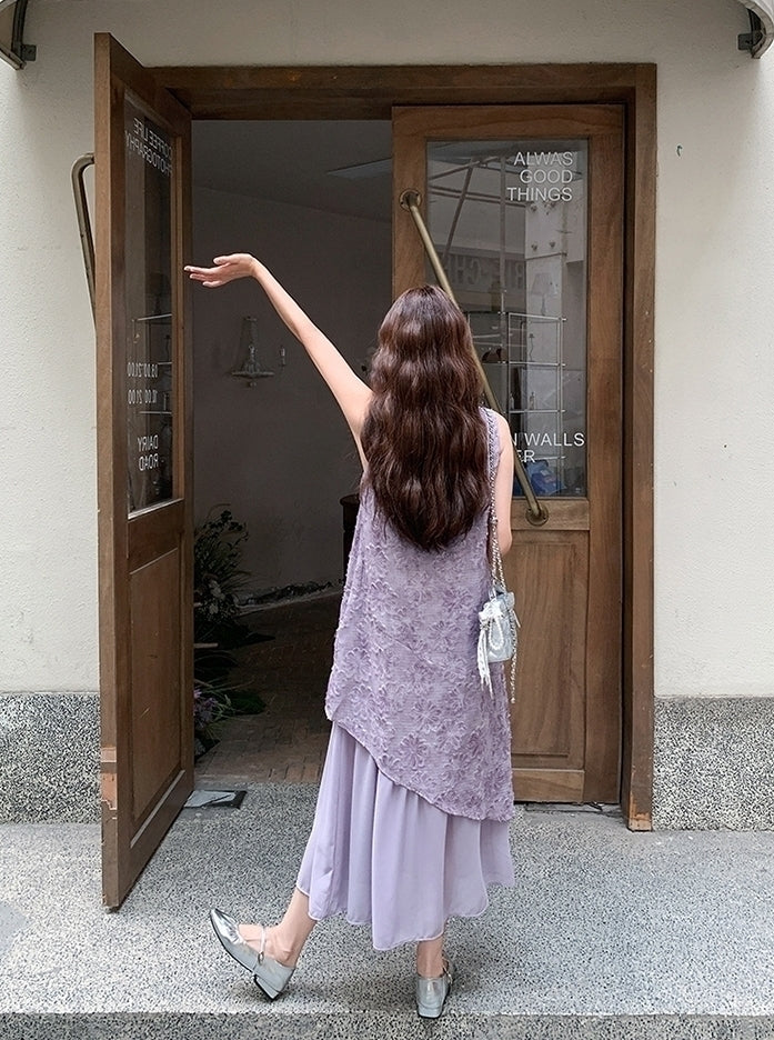 Elegant Purple Jacquard Layered Patchwork Maxi Dress