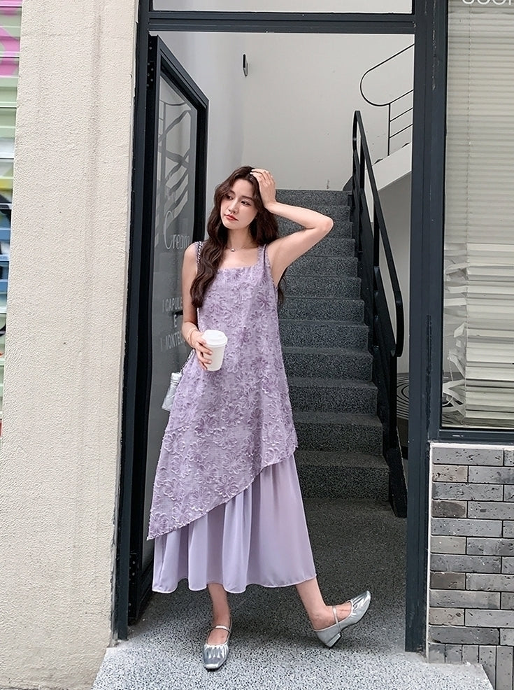 Elegant Purple Jacquard Layered Patchwork Maxi Dress