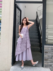 Elegant Purple Jacquard Layered Patchwork Maxi Dress