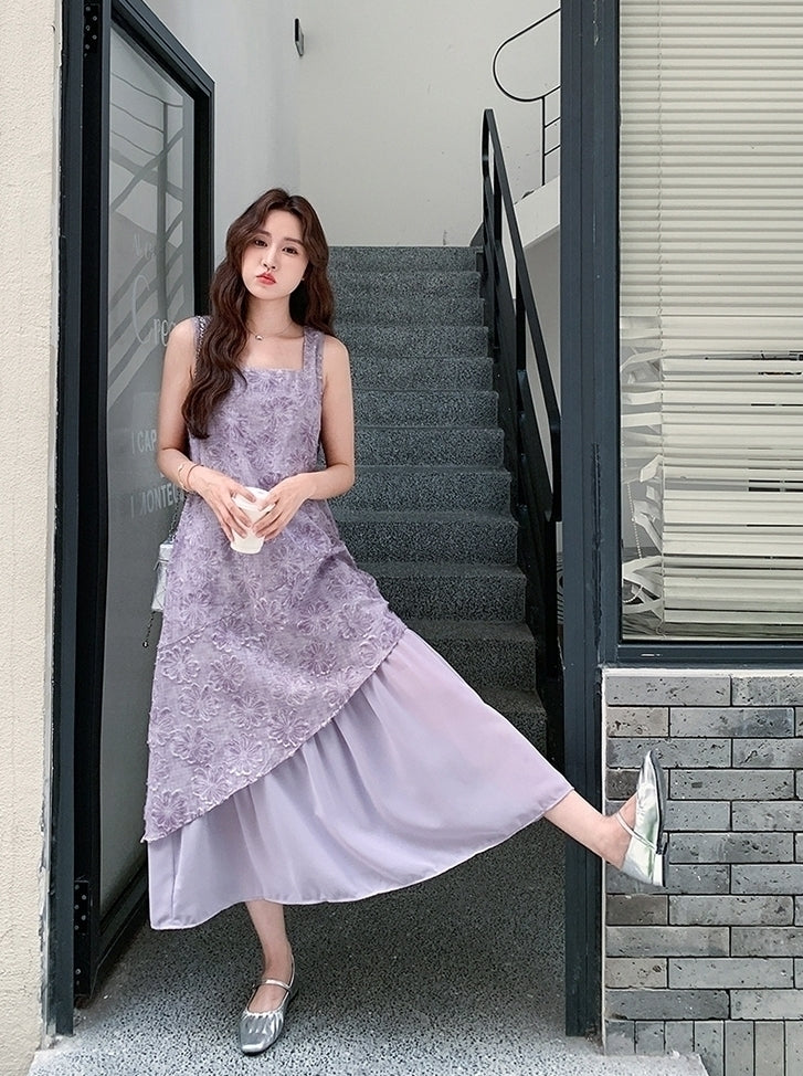 Elegant Purple Jacquard Layered Patchwork Maxi Dress