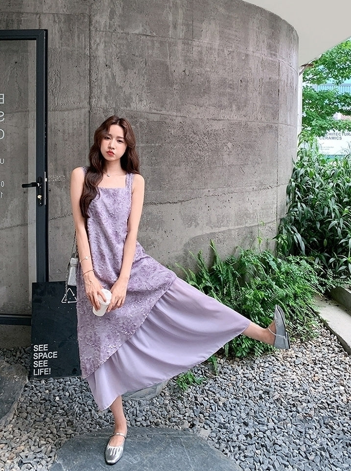 Elegant Purple Jacquard Layered Patchwork Maxi Dress