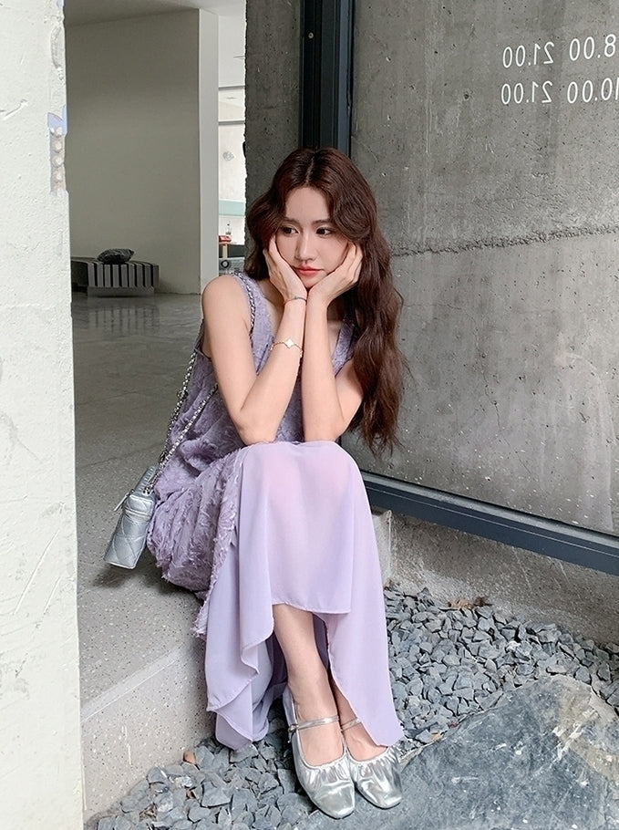Elegant Purple Jacquard Layered Patchwork Maxi Dress