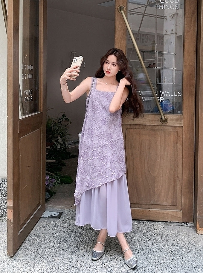 Elegant Purple Jacquard Layered Patchwork Maxi Dress