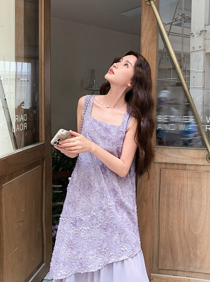 Elegant Purple Jacquard Layered Patchwork Maxi Dress