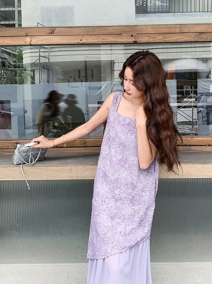 Elegant Purple Jacquard Layered Patchwork Maxi Dress