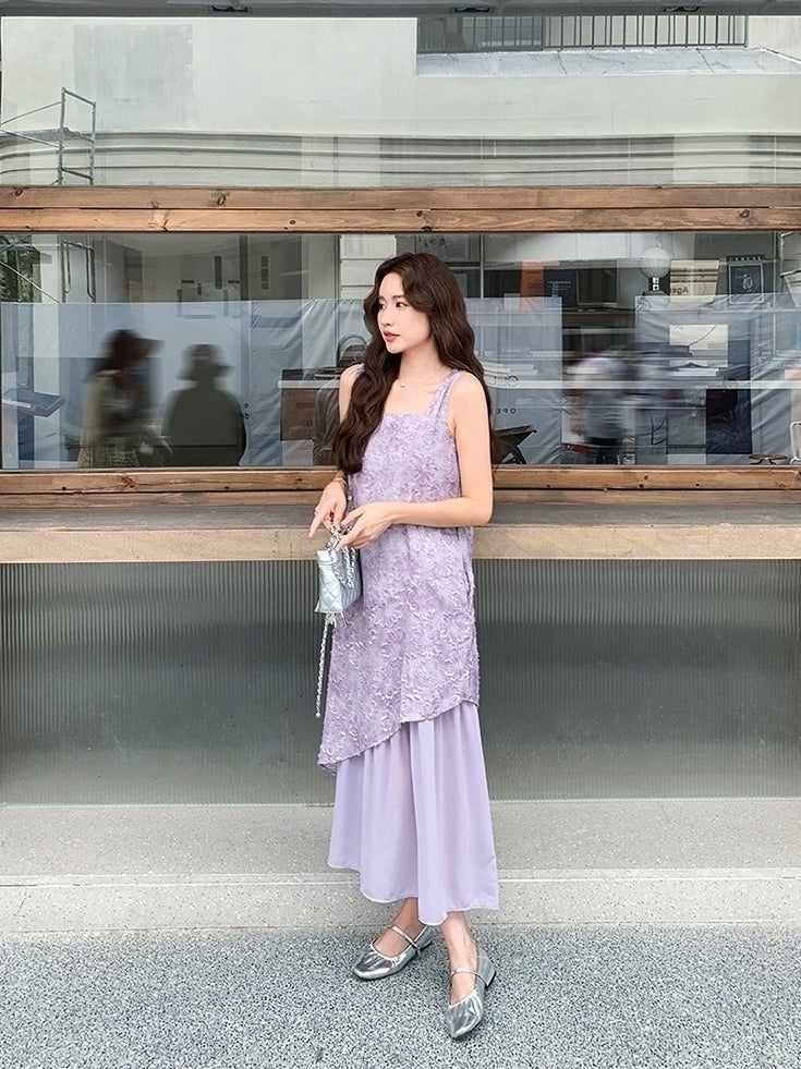 Elegant Purple Jacquard Layered Patchwork Maxi Dress
