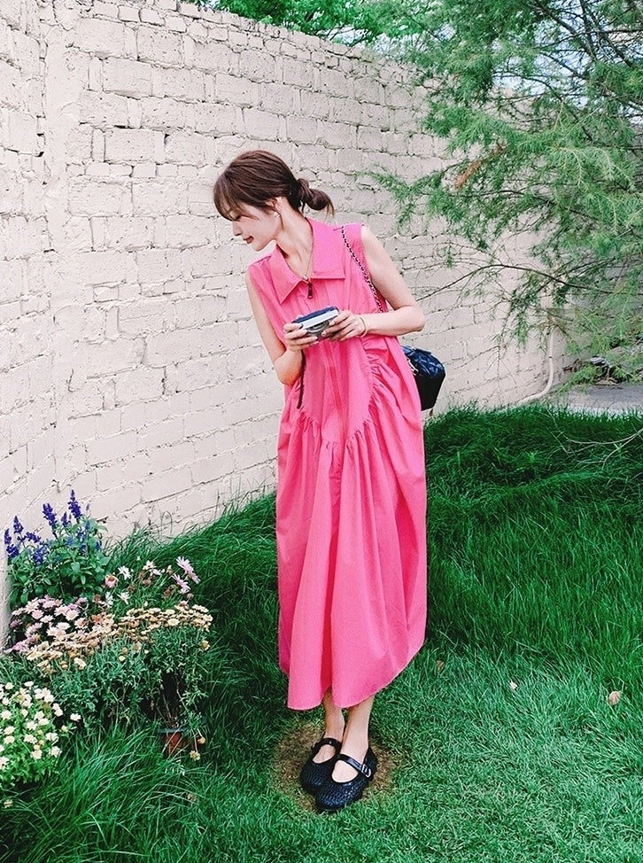 Elegant Ruched French Style Collared Maxi Dress