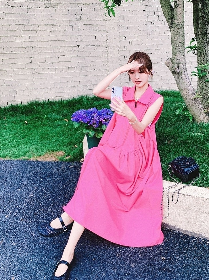 Elegant Ruched French Style Collared Maxi Dress