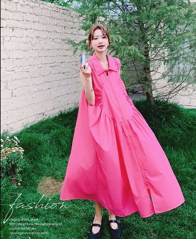 Elegant Ruched French Style Collared Maxi Dress
