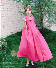 Elegant Ruched French Style Collared Maxi Dress
