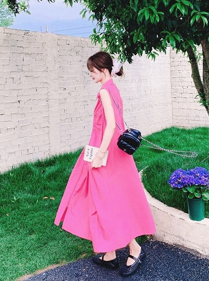 Elegant Ruched French Style Collared Maxi Dress