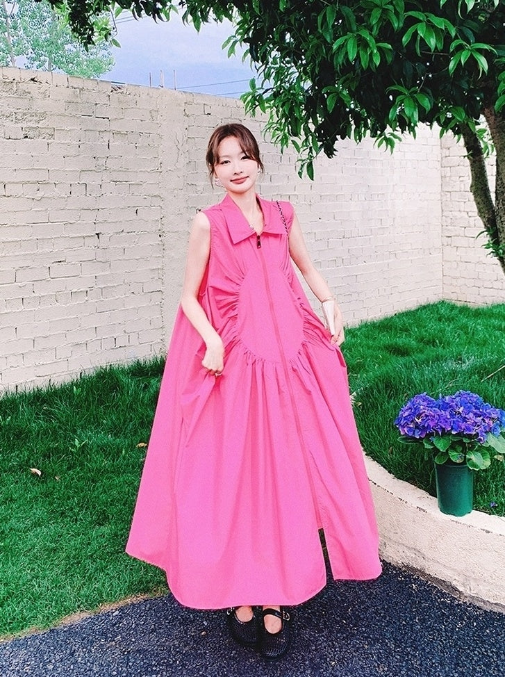 Elegant Ruched French Style Collared Maxi Dress