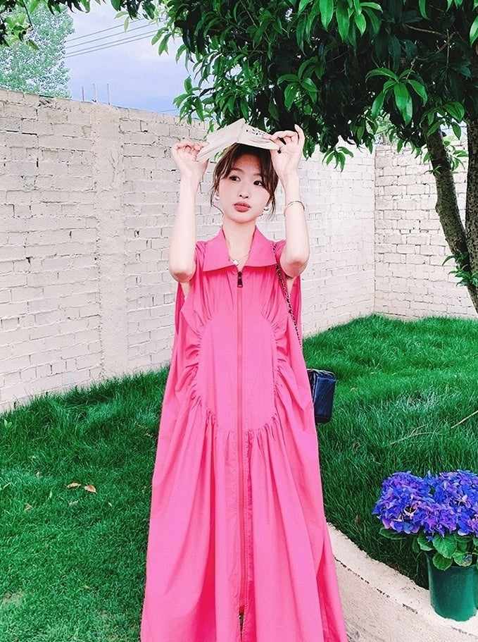 Elegant Ruched French Style Collared Maxi Dress