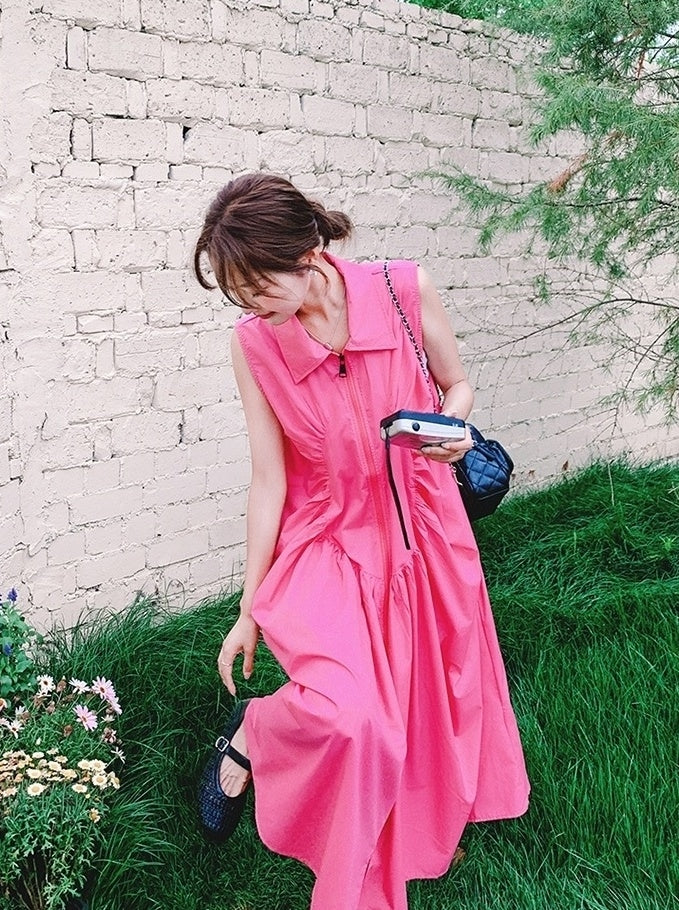 Elegant Ruched French Style Collared Maxi Dress