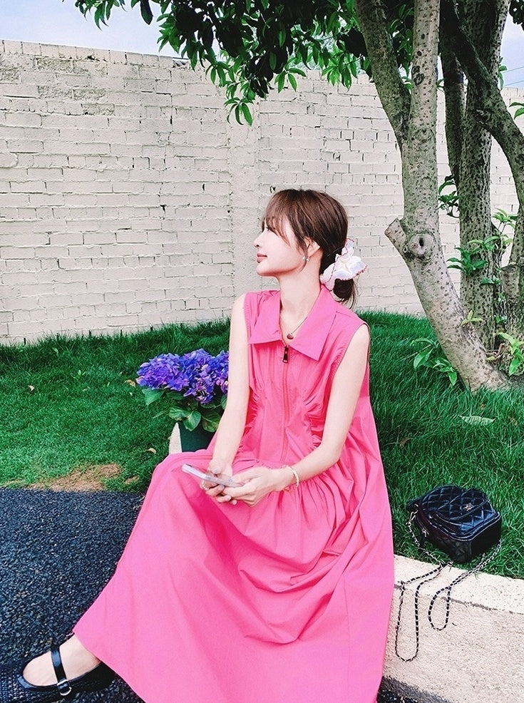 Elegant Ruched French Style Collared Maxi Dress