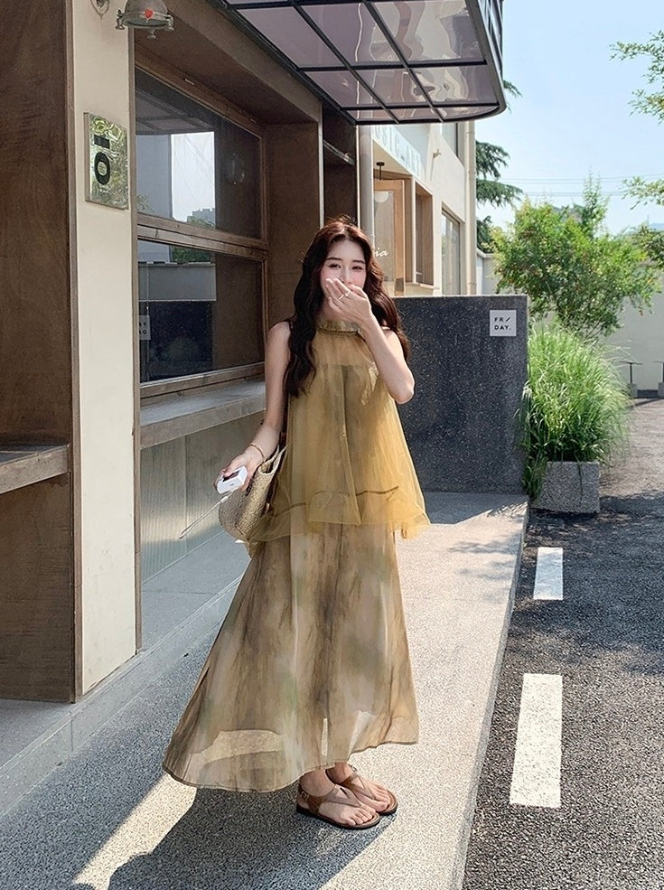 Elegant Tie Dye Mesh Halter Beach Maxi Dress