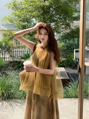 Elegant Tie Dye Mesh Halter Beach Maxi Dress