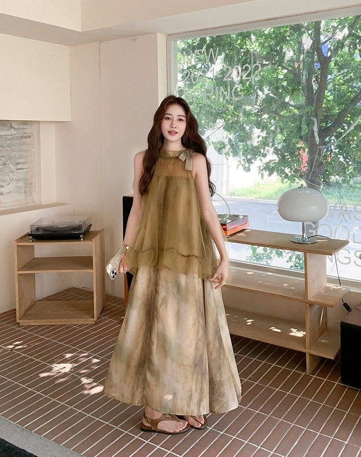 Elegant Tie Dye Mesh Halter Beach Maxi Dress