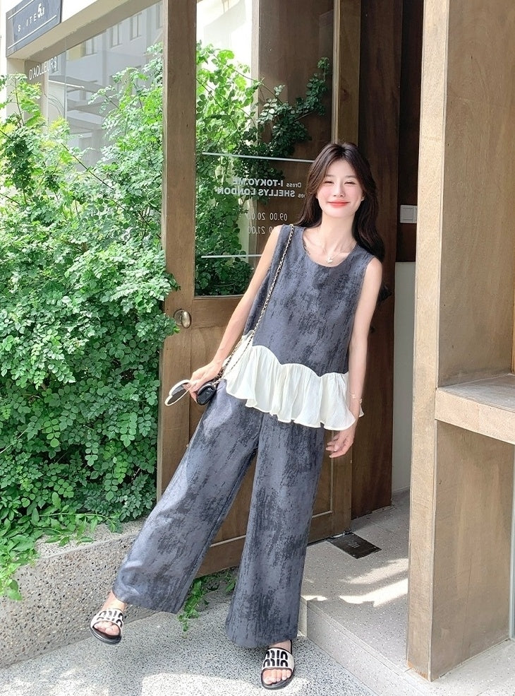 Elegant Vintage Ruffle Sleeveless Top Wide Leg Pants Set