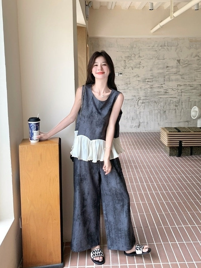 Elegant Vintage Ruffle Sleeveless Top Wide Leg Pants Set