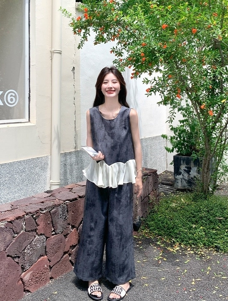Elegant Vintage Ruffle Sleeveless Top Wide Leg Pants Set