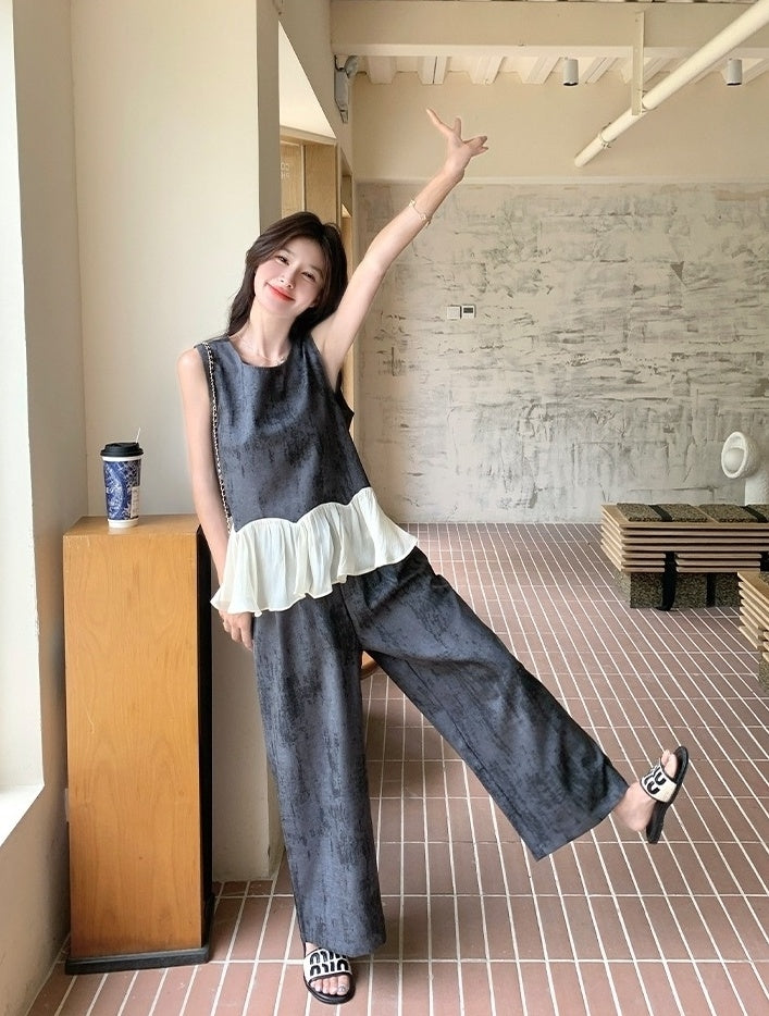 Elegant Vintage Ruffle Sleeveless Top Wide Leg Pants Set