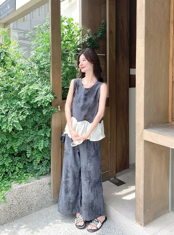 Elegant Vintage Ruffle Sleeveless Top Wide Leg Pants Set