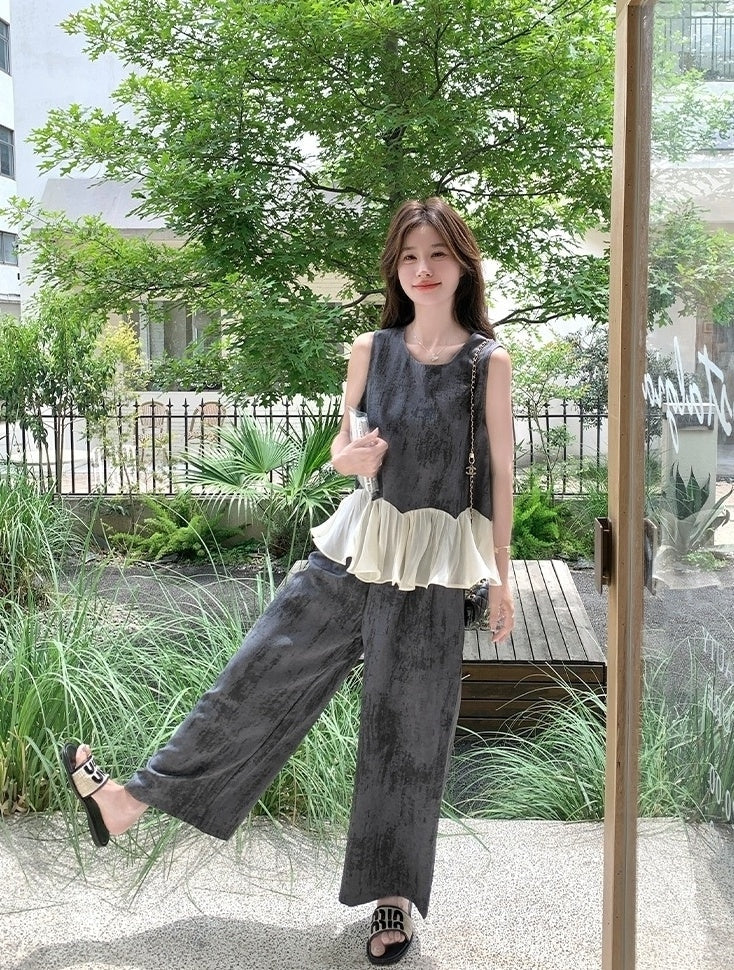 Elegant Vintage Ruffle Sleeveless Top Wide Leg Pants Set