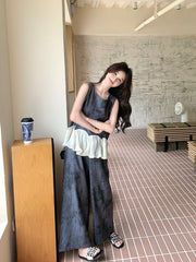 Elegant Vintage Ruffle Sleeveless Top Wide Leg Pants Set