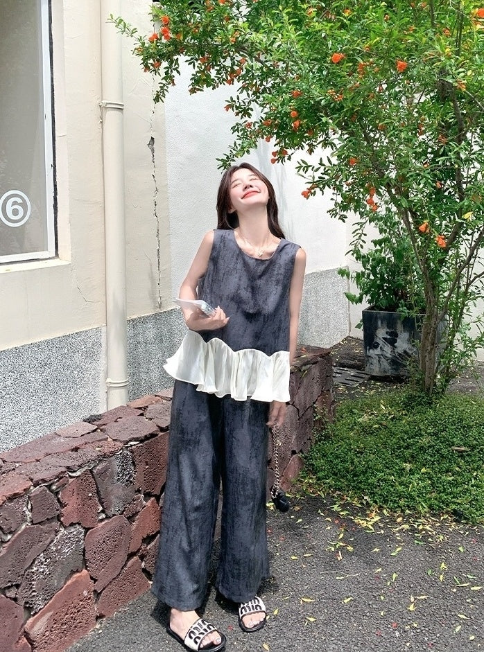 Elegant Vintage Ruffle Sleeveless Top Wide Leg Pants Set