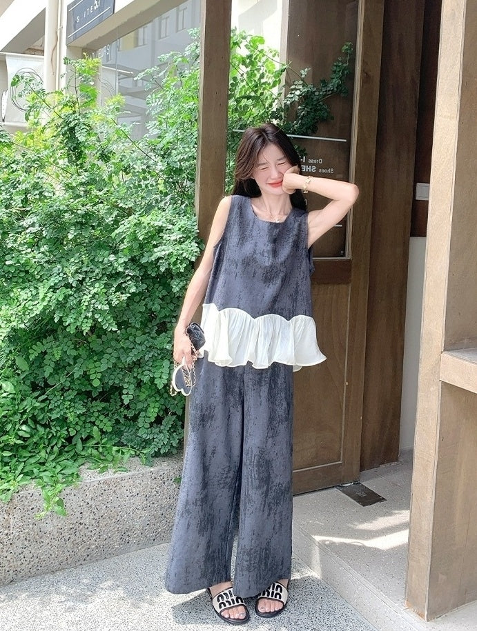 Elegant Vintage Ruffle Sleeveless Top Wide Leg Pants Set
