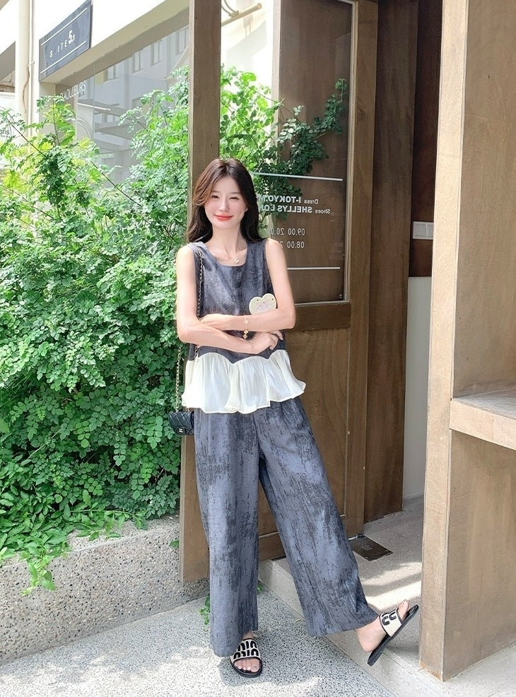 Elegant Vintage Ruffle Sleeveless Top Wide Leg Pants Set