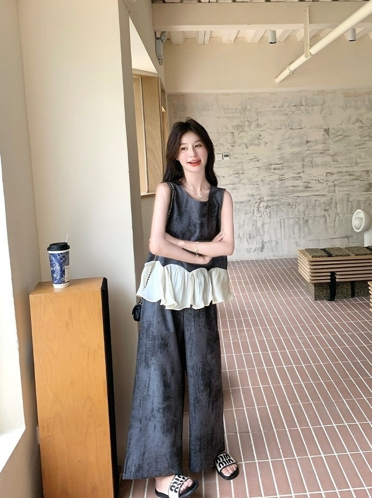 Elegant Vintage Ruffle Sleeveless Top Wide Leg Pants Set