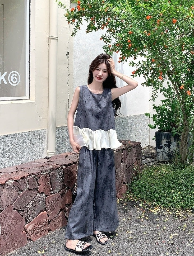 Elegant Vintage Ruffle Sleeveless Top Wide Leg Pants Set