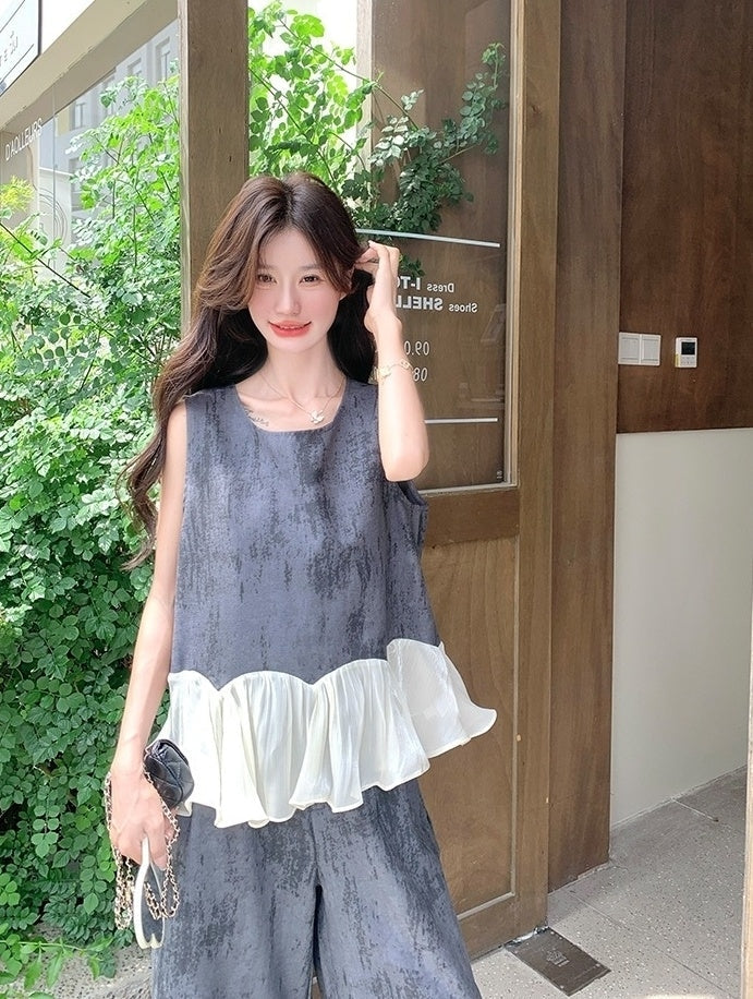 Elegant Vintage Ruffle Sleeveless Top Wide Leg Pants Set