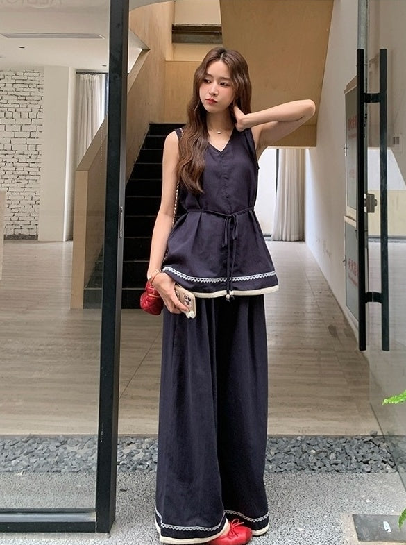 Elegant Waist Design Top And Wide Leg Pants Set