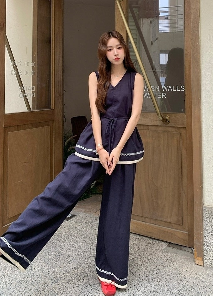 Elegant Waist Design Top And Wide Leg Pants Set