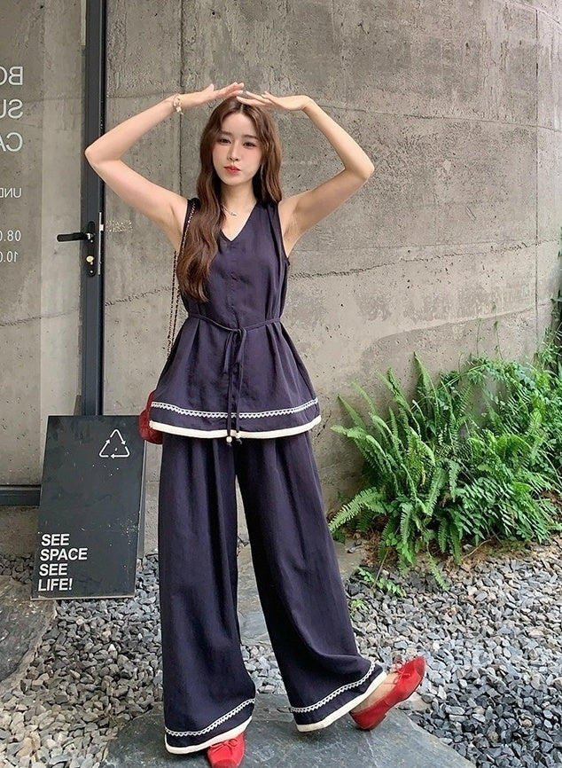 Elegant Waist Design Top And Wide Leg Pants Set
