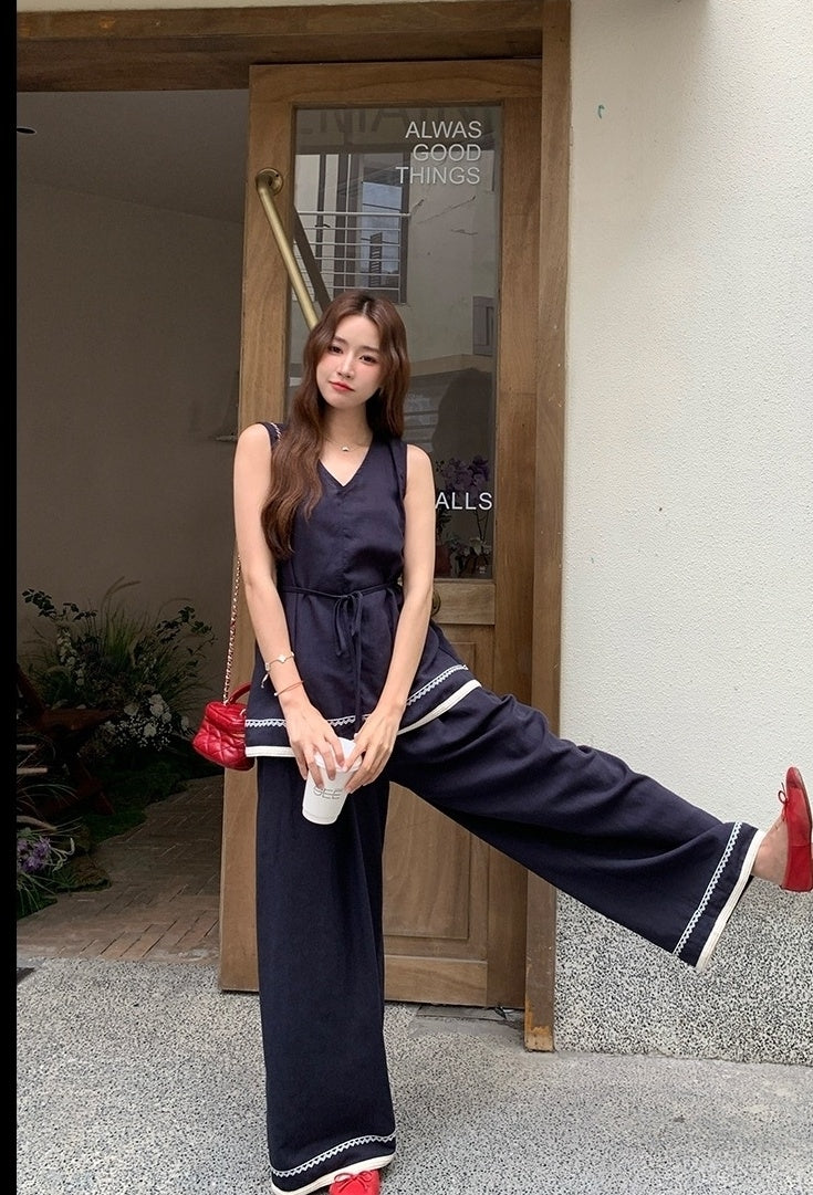 Elegant Waist Design Top And Wide Leg Pants Set