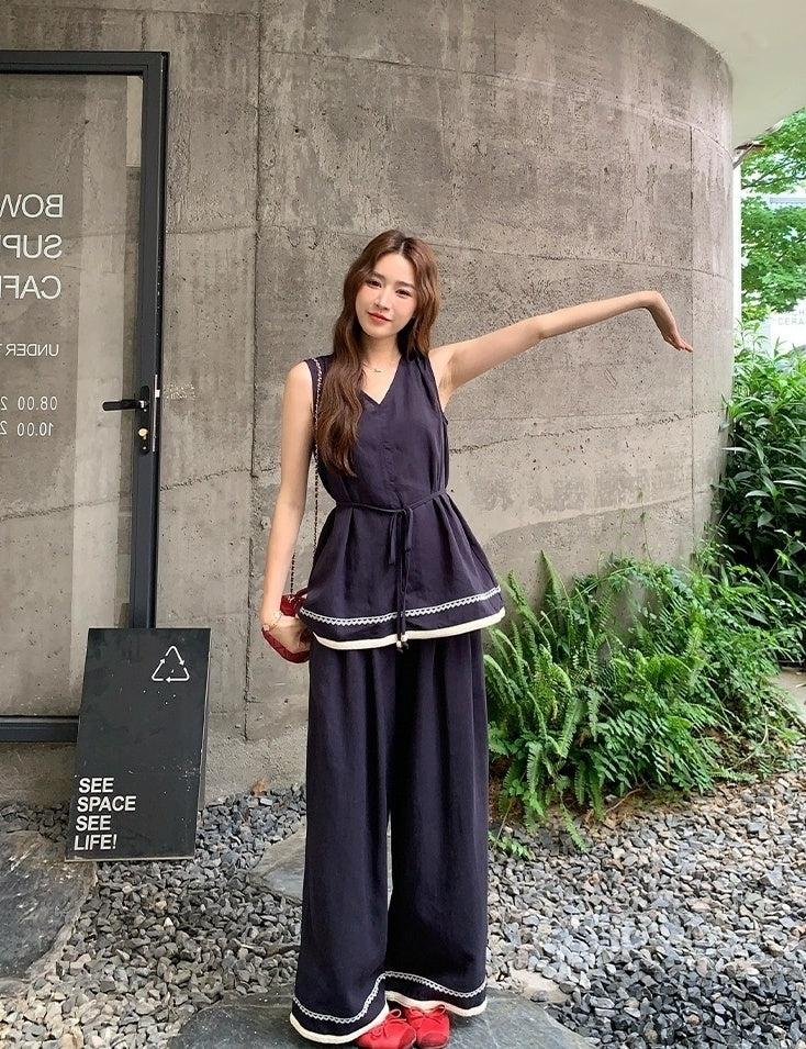 Elegant Waist Design Top And Wide Leg Pants Set