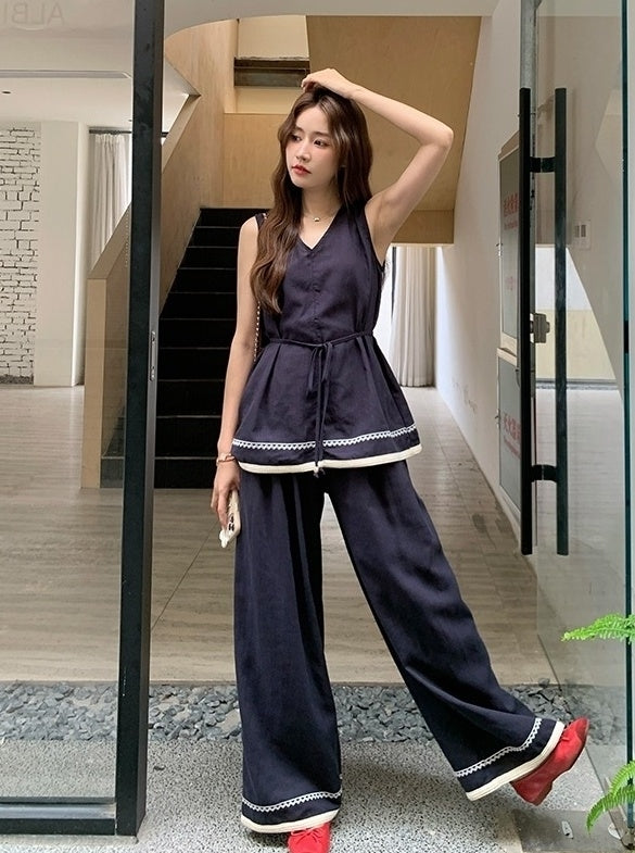 Elegant Waist Design Top And Wide Leg Pants Set
